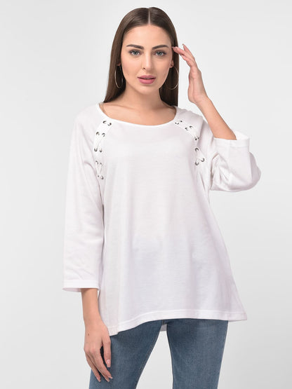 Women Tie Up Detail White Round Neck Boxy Top