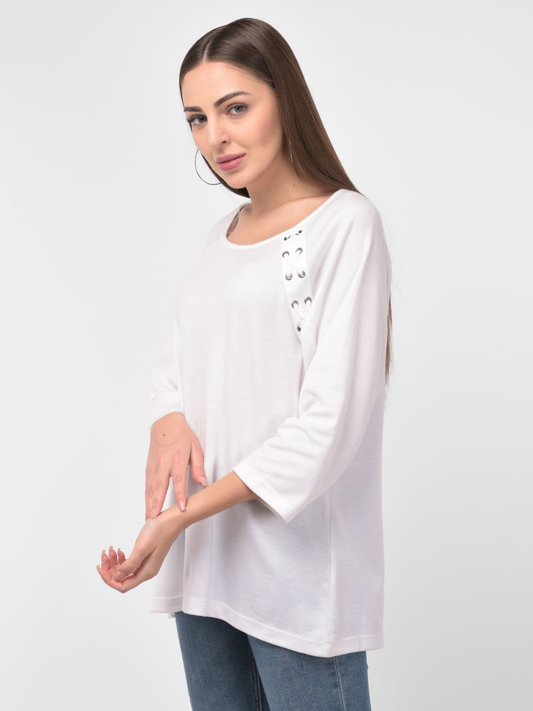 Women Tie Up Detail White Round Neck Boxy Top