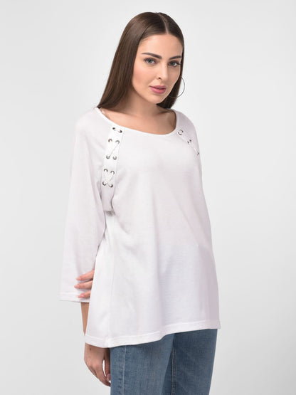 Women Tie Up Detail White Round Neck Boxy Top