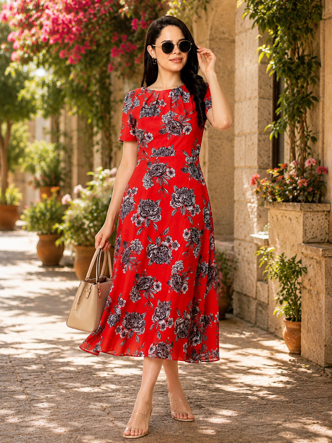 Crimson Red Floral A-Line Midi Dress