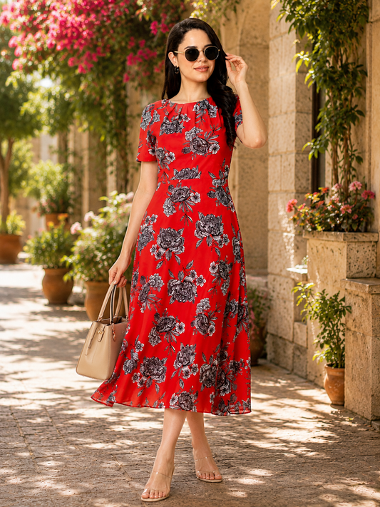 Crimson Red Floral A-Line Midi Dress