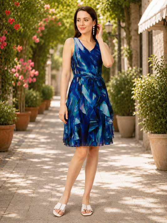Abstract Print Frill Chiffon Dress