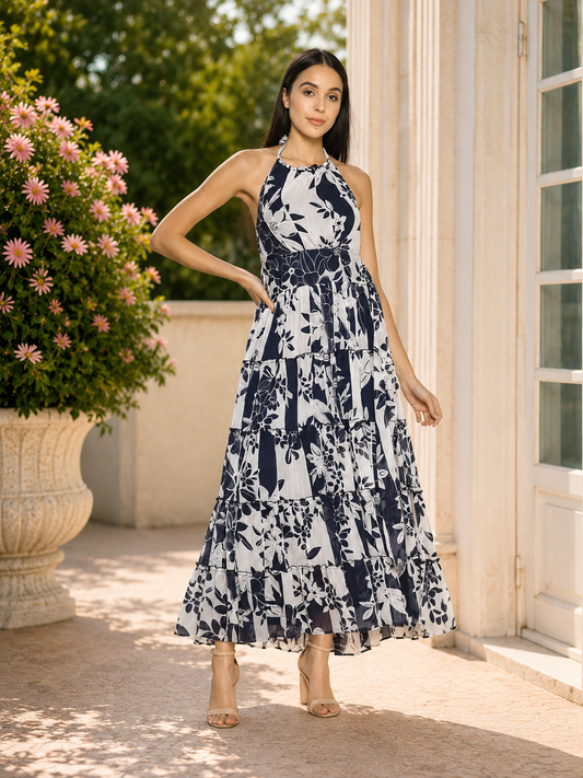 Halter-Neck Floral Printed Maxi Dress