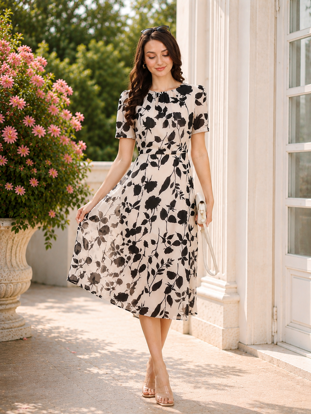 Cream Floral Print Midi Dress