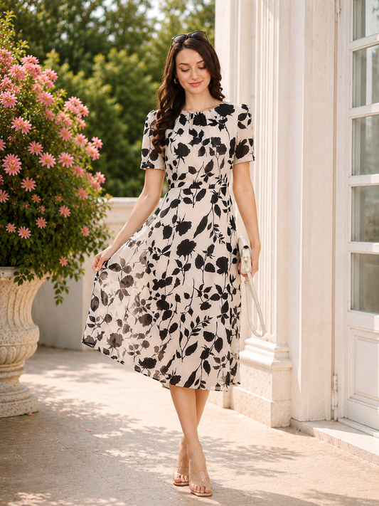 Cream Floral Print Midi Dress