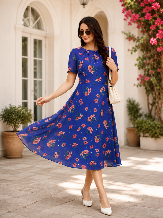 Blue Floral Pleated Chiffon Dress