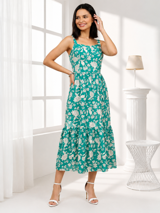 The Emerald Bloom Tiered Midi Dress