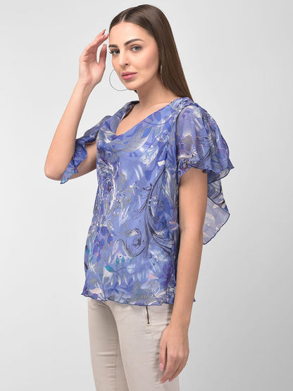 Women Cowl Neck Detail Printed Blue Top