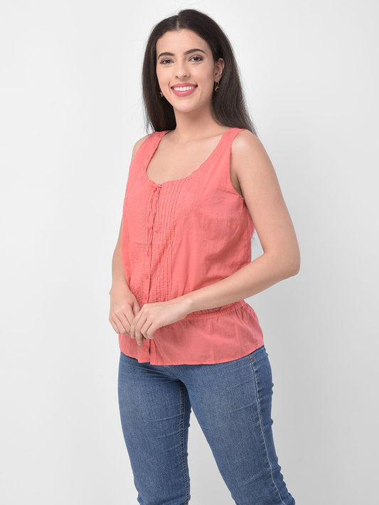 Women Scrunch Waist Detail Pink Embroidered Sleeveless Top