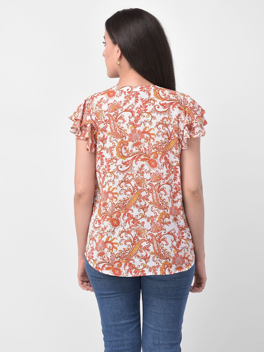 Women Ruffled Short Sleeve Detail Floral Printed Top