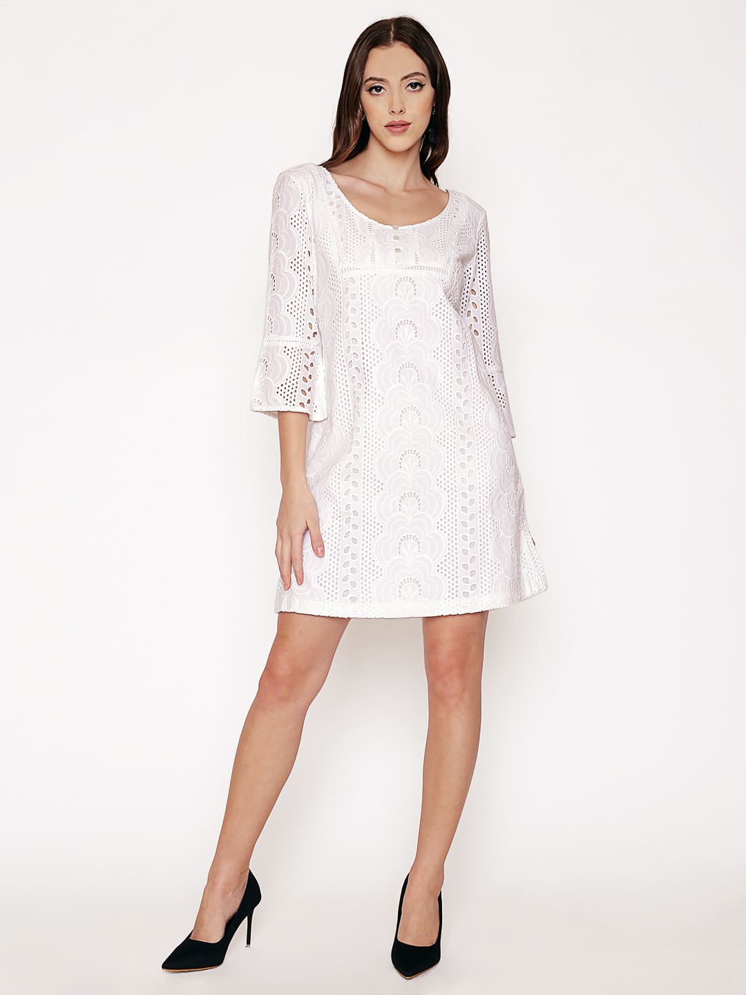 Self Designed Schiffli White Dress