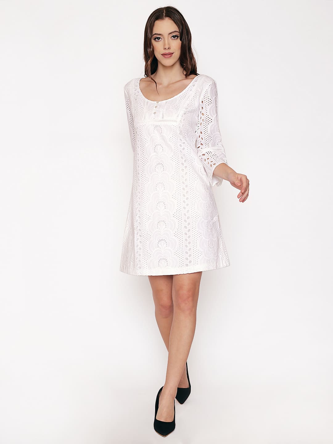 Self Designed Schiffli White Dress