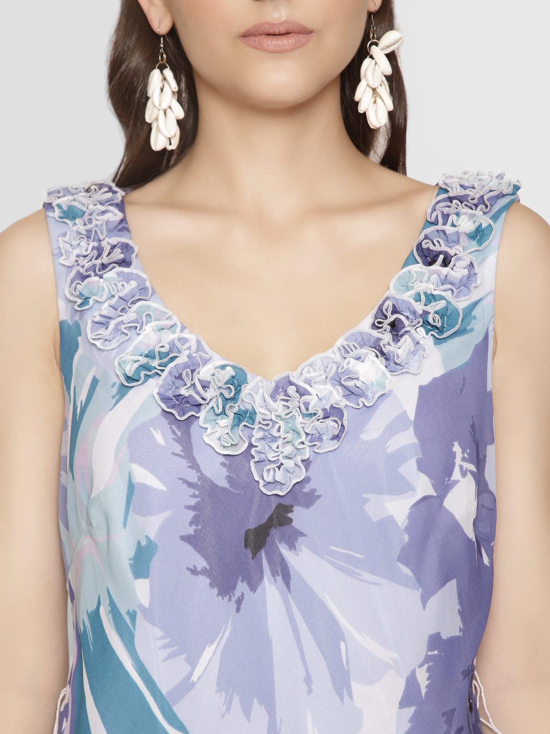 Embellished Neck Floral Printed Midi Dress