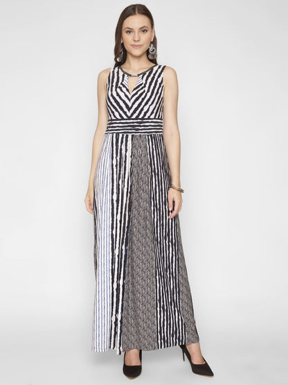 White & Black Stripe key Hole Neck Maxi Dress