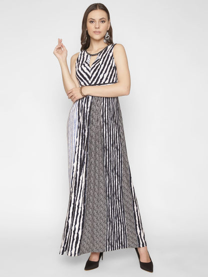 White & Black Stripe key Hole Neck Maxi Dress