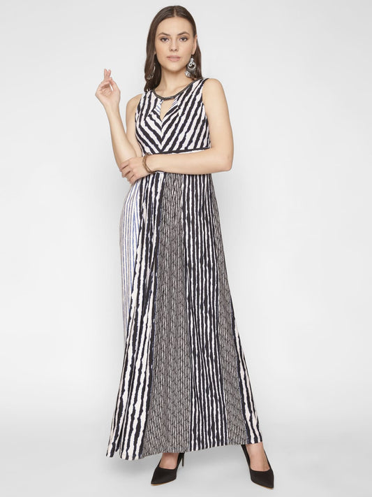 White & Black Stripe key Hole Neck Maxi Dress
