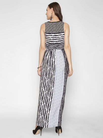 White & Black Stripe key Hole Neck Maxi Dress