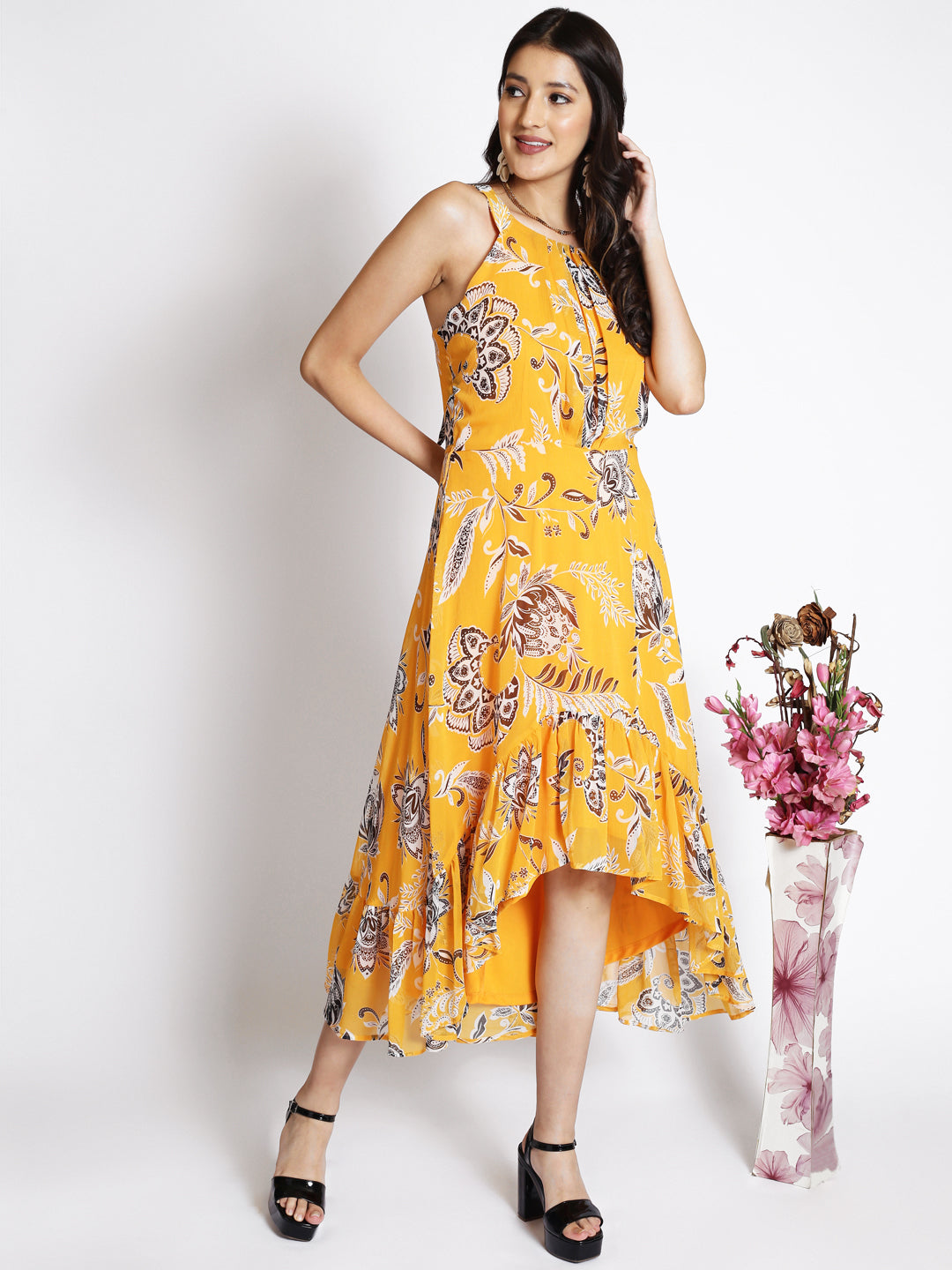 Floral Printed Cut-Out Detail Tiered A-Line Midi Dress