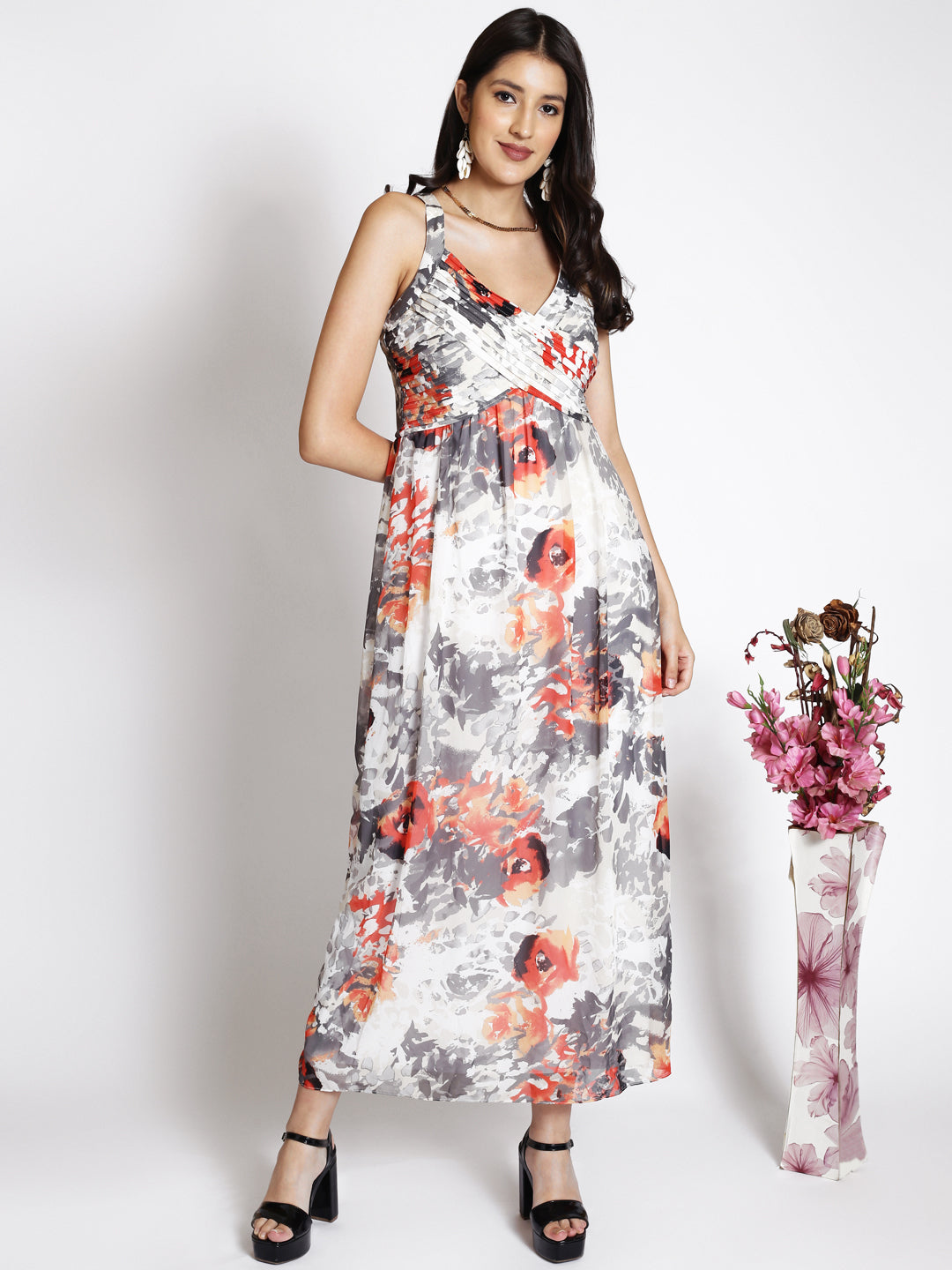 Abstract Printed Shoulder Straps Gathered Maxi Dress