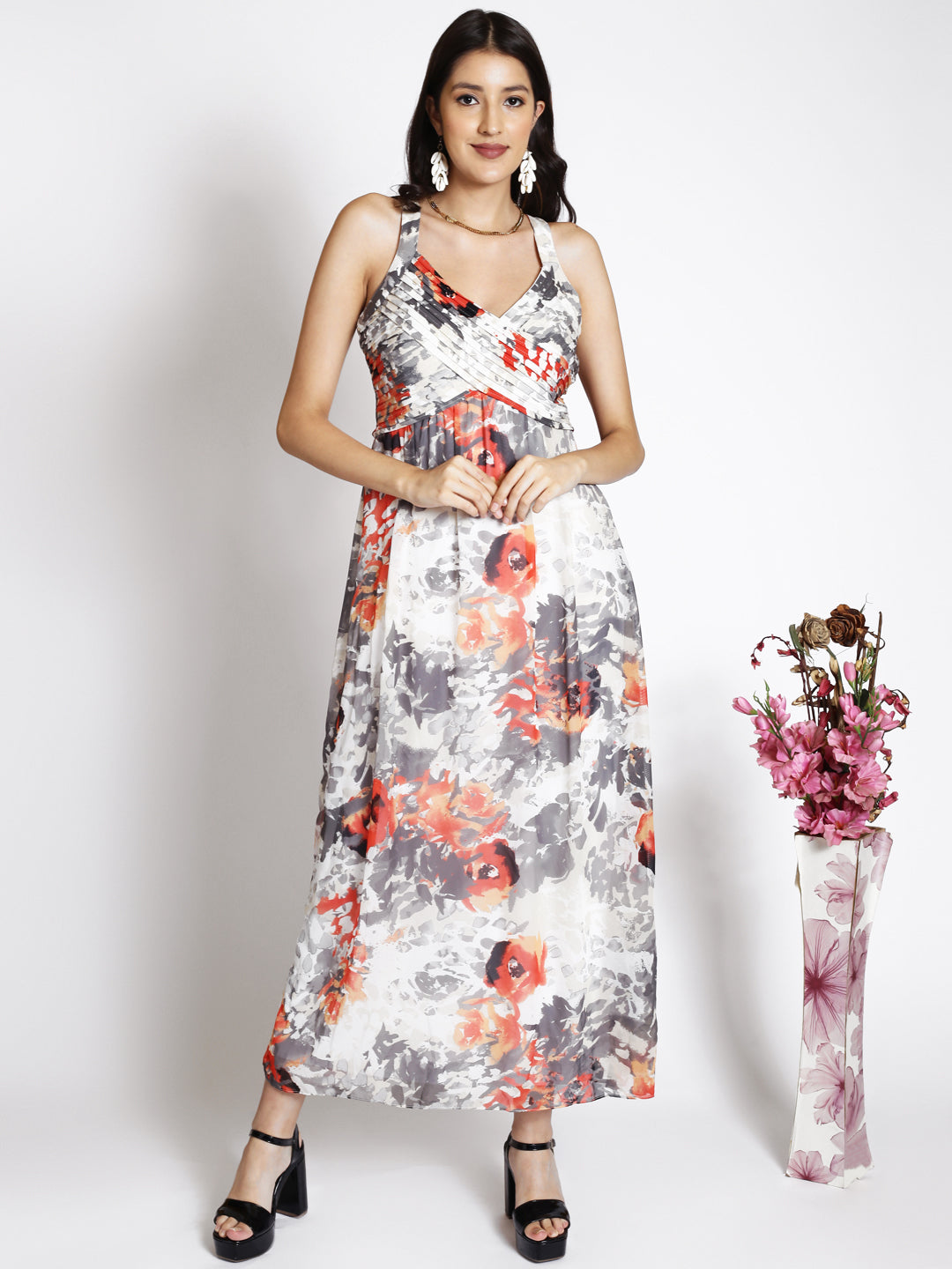 Abstract Printed Shoulder Straps Gathered Maxi Dress
