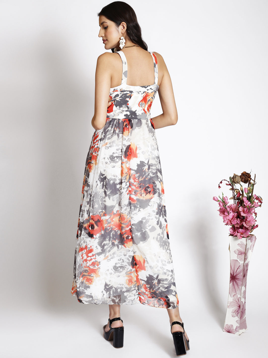 Abstract Printed Shoulder Straps Gathered Maxi Dress