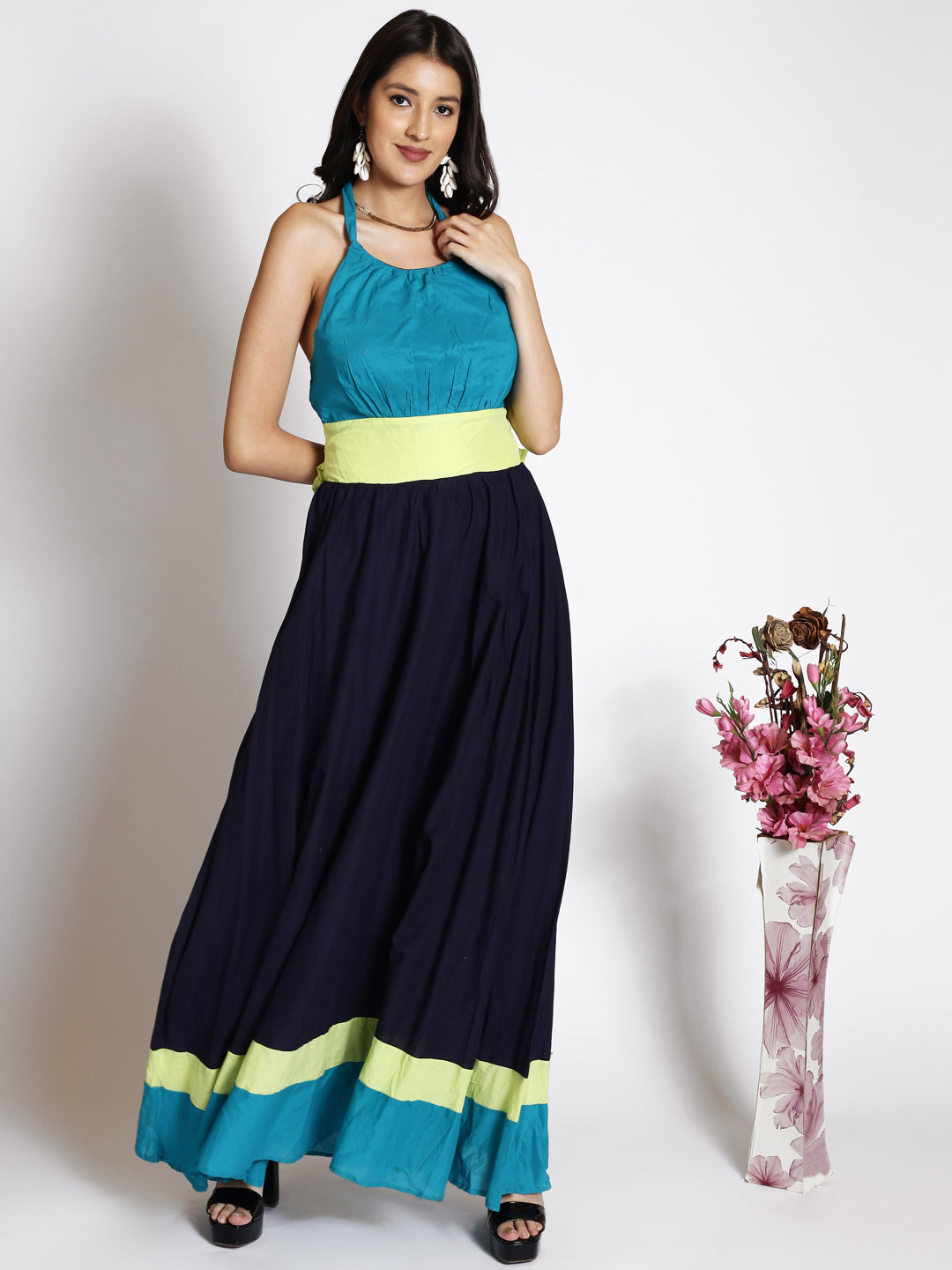 Colourblocked Halter Neck Smocked Maxi Dress