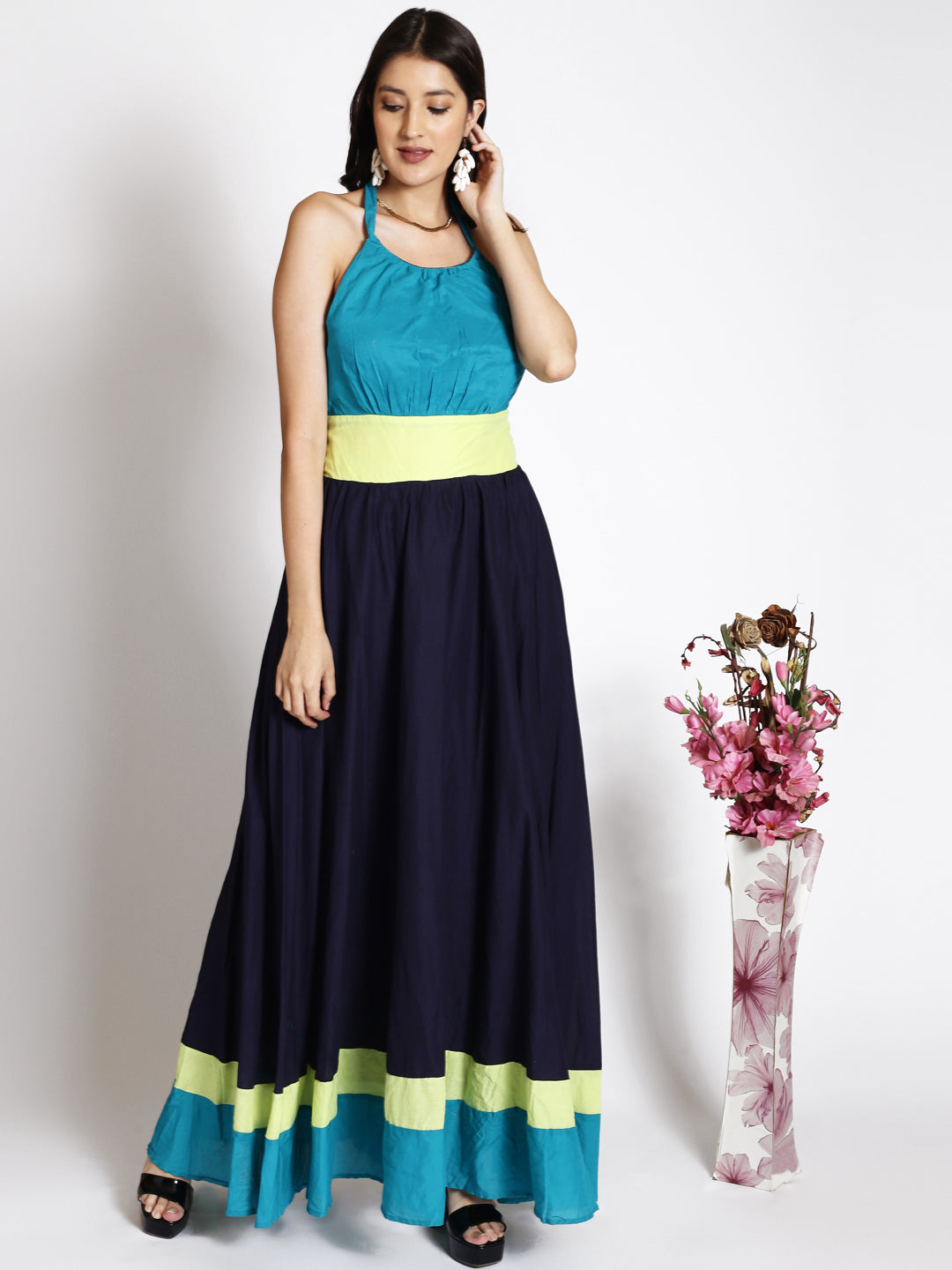 Colourblocked Halter Neck Smocked Maxi Dress