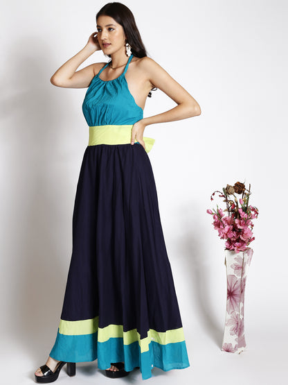 Colourblocked Halter Neck Smocked Maxi Dress