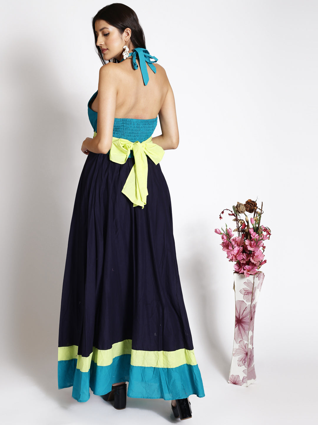 Colourblocked Halter Neck Smocked Maxi Dress