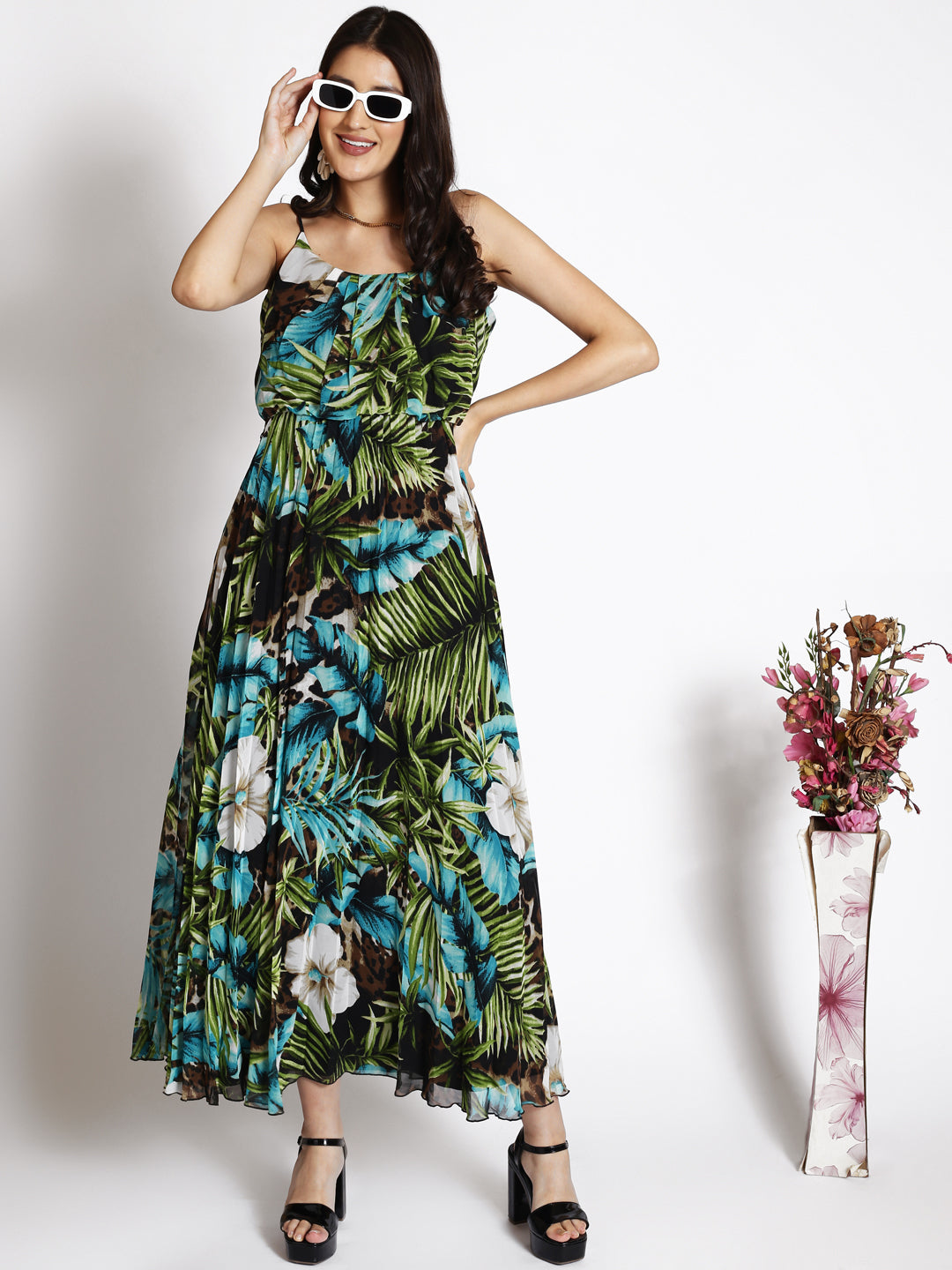 Floral Printed Shoulder Strap Neck Pleated Maxi Dress