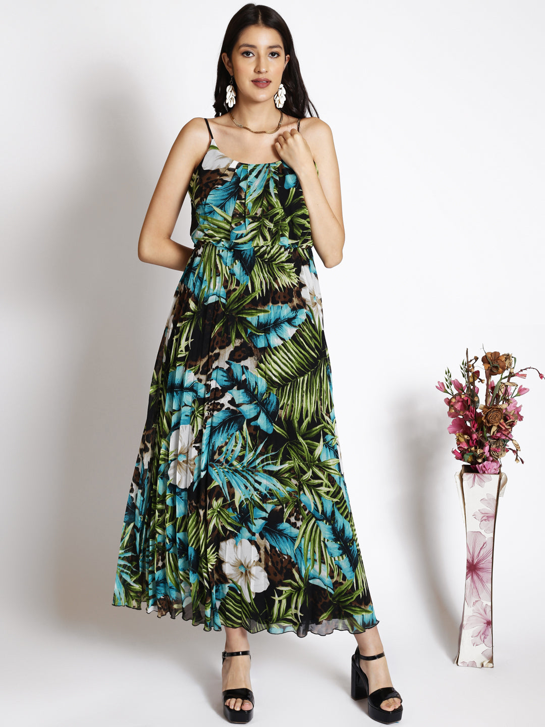 Floral Printed Shoulder Strap Neck Pleated Maxi Dress