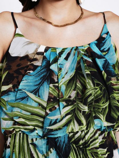 Floral Printed Shoulder Strap Neck Pleated Maxi Dress
