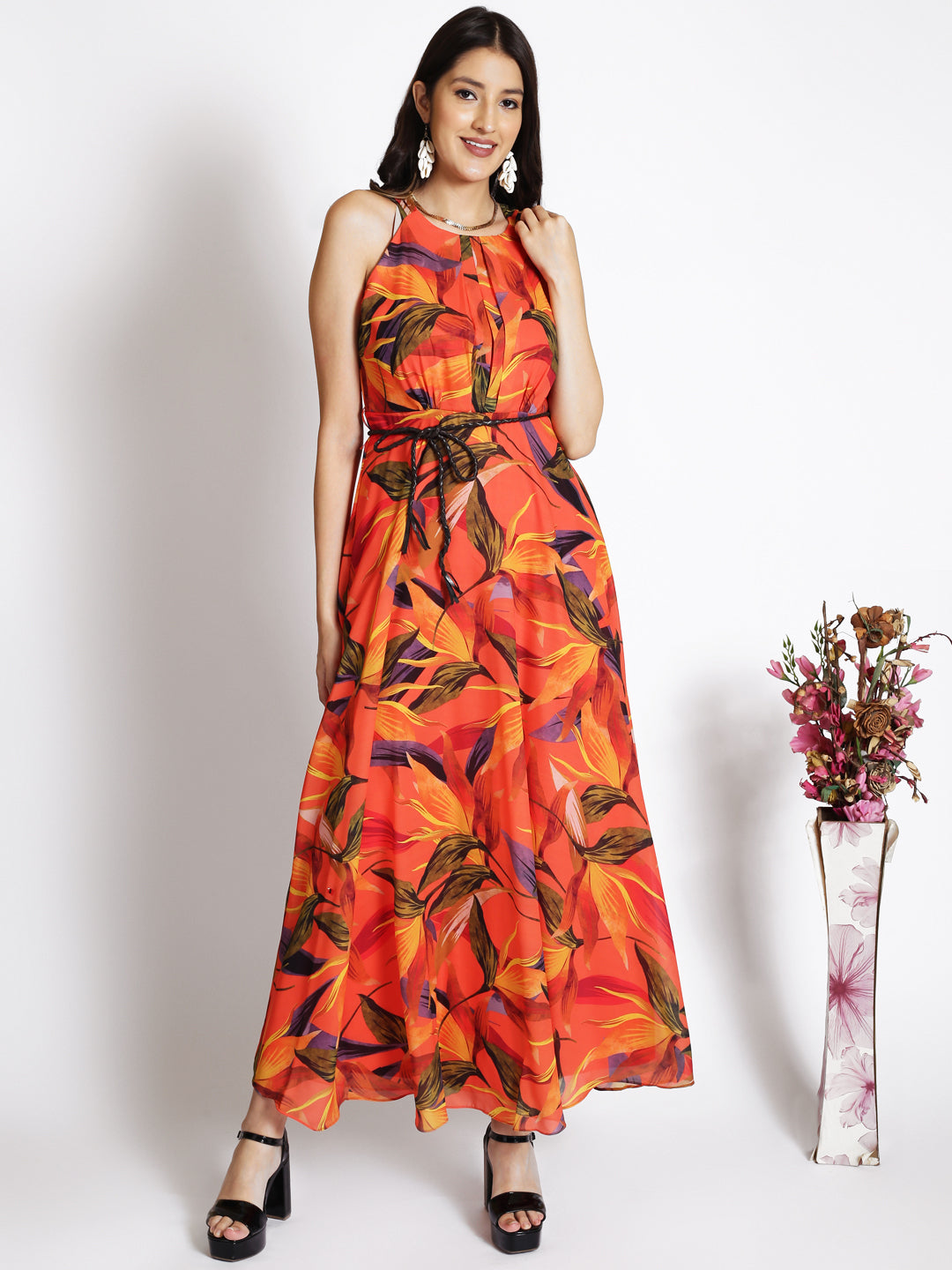 Orange Floral Print Georgette Maxi Dress