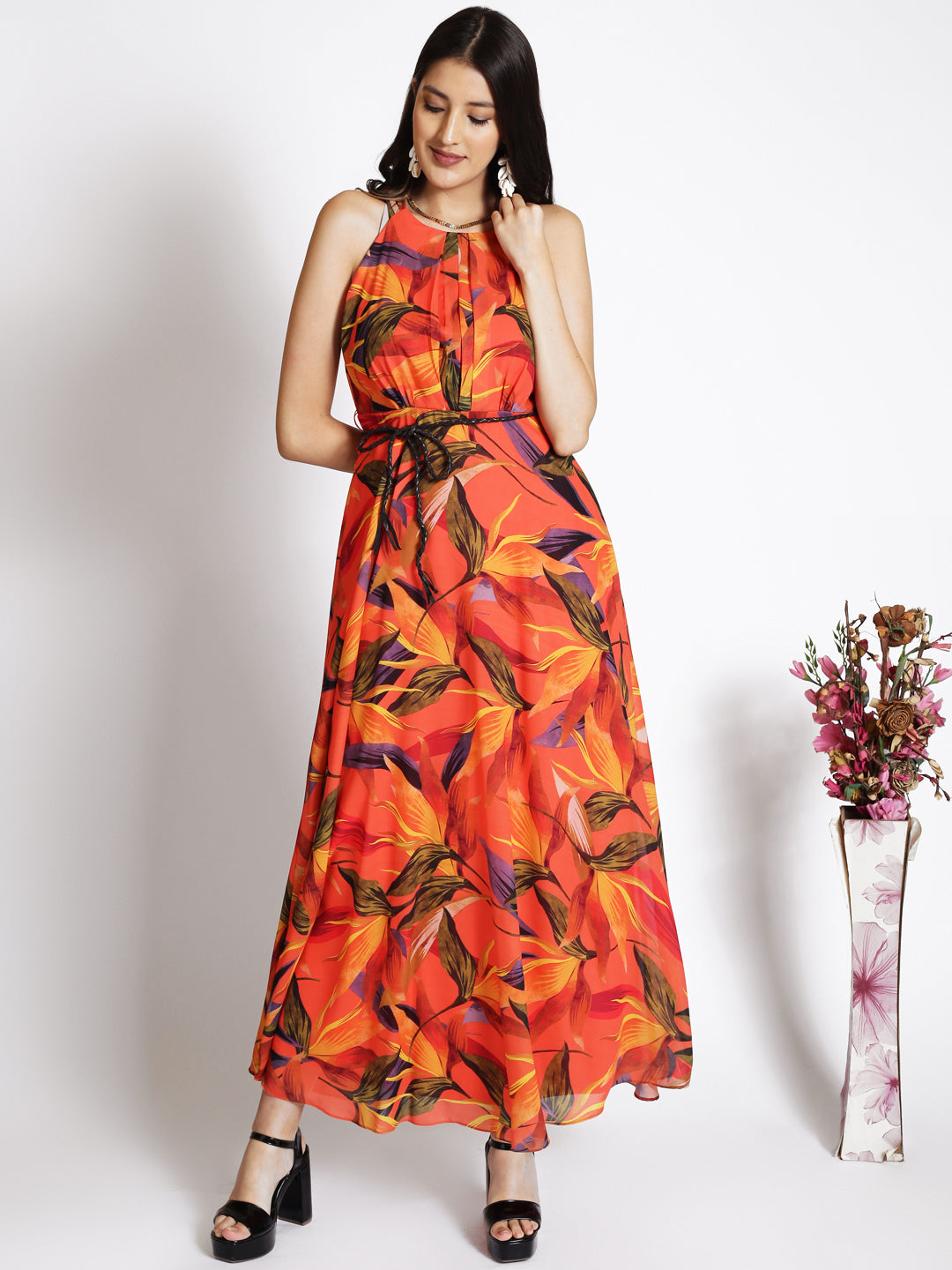 Orange Floral Print Georgette Maxi Dress