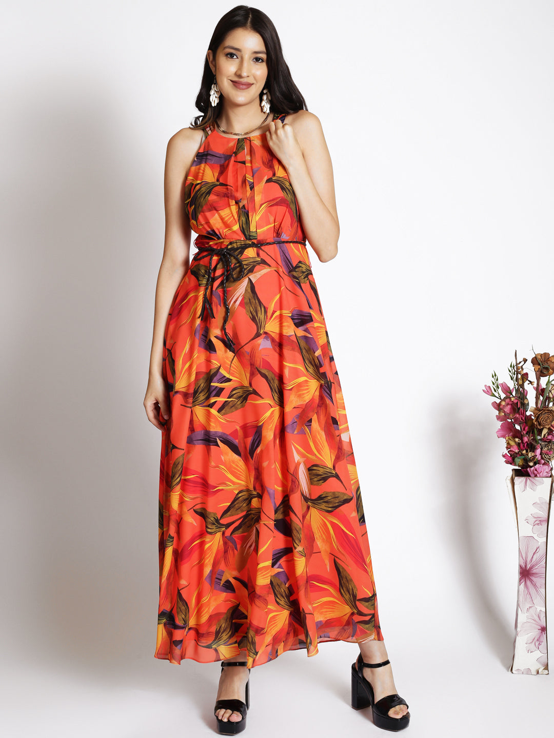 Orange Floral Print Georgette Maxi Dress