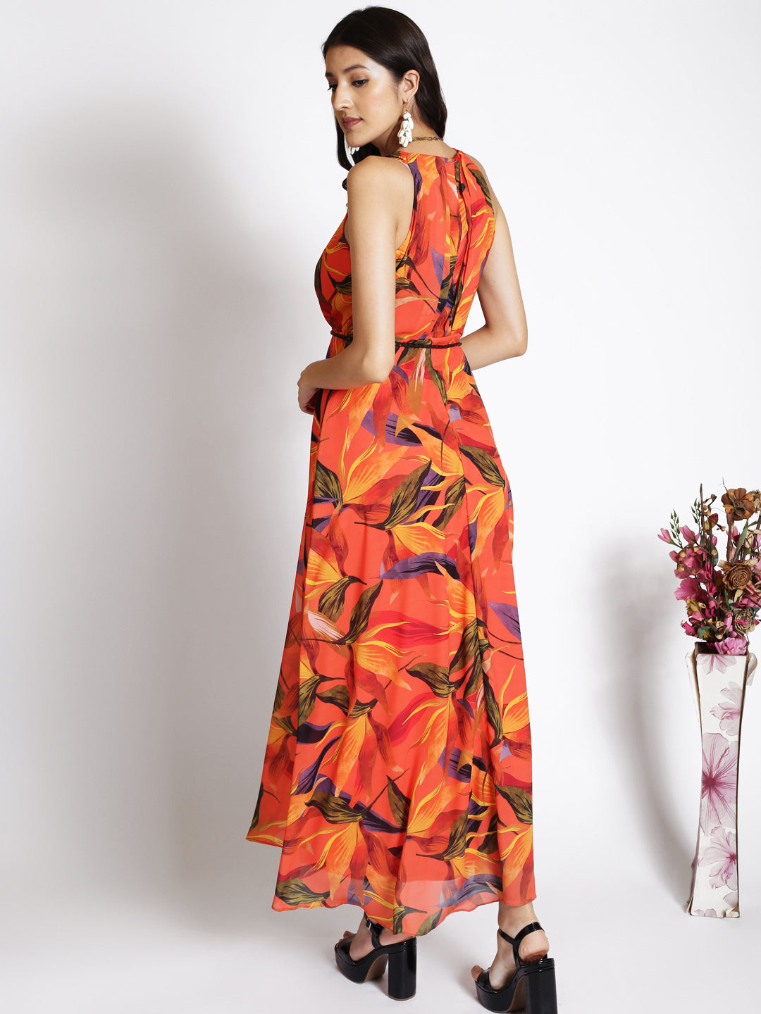 Orange Floral Print Georgette Maxi Dress