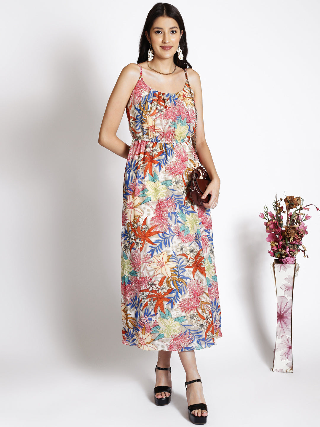 Floral Printed Shoulder Straps Gathered Maxi Dress