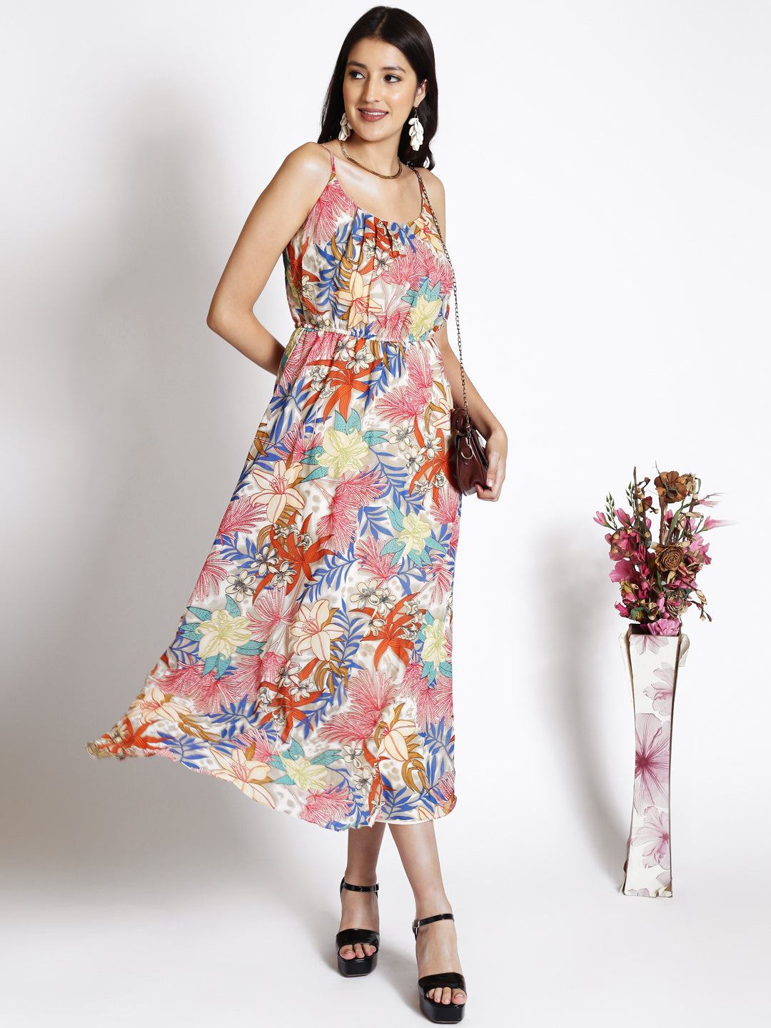 Floral Printed Shoulder Straps Gathered Maxi Dress