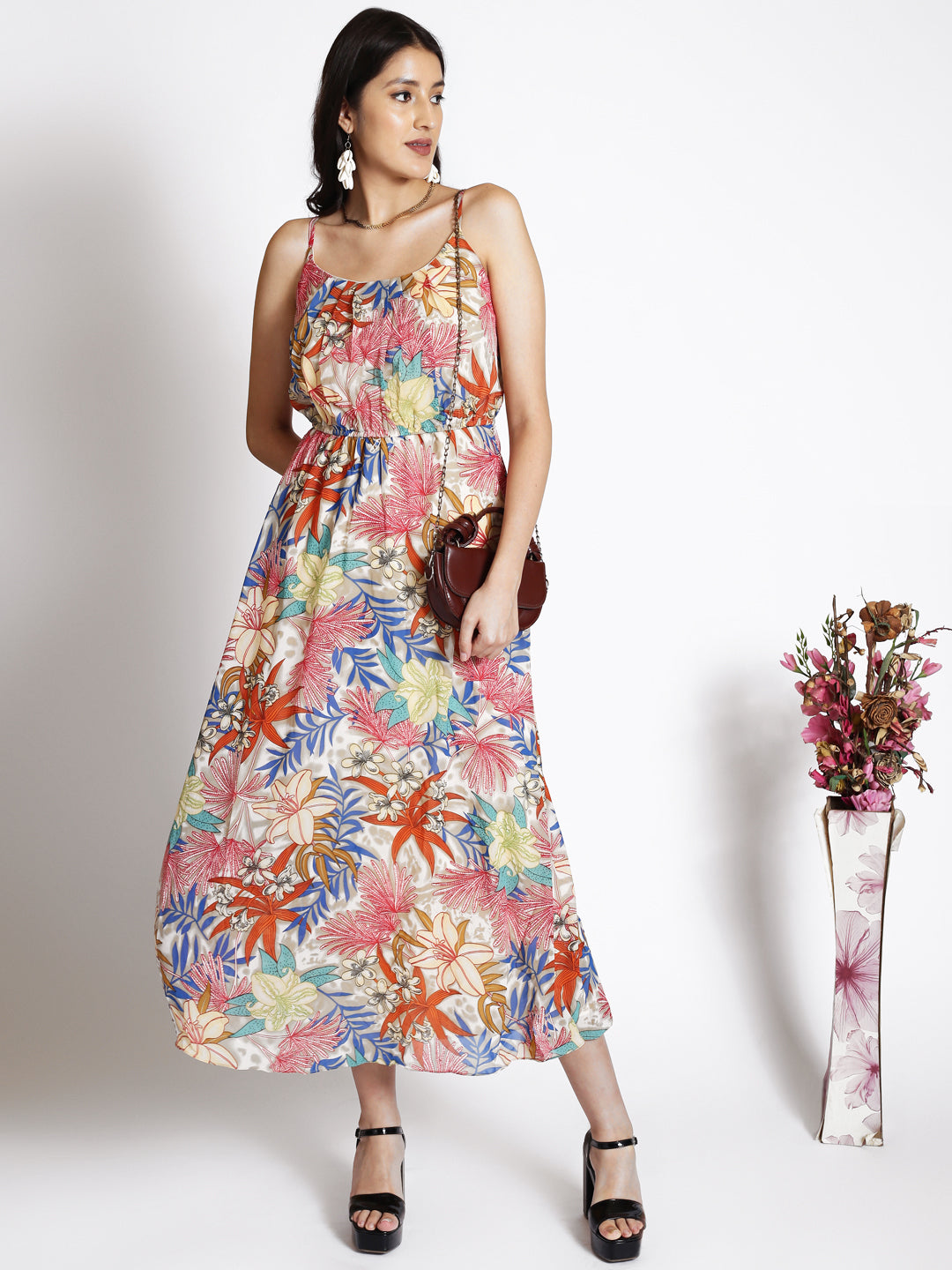 Floral Printed Shoulder Straps Gathered Maxi Dress