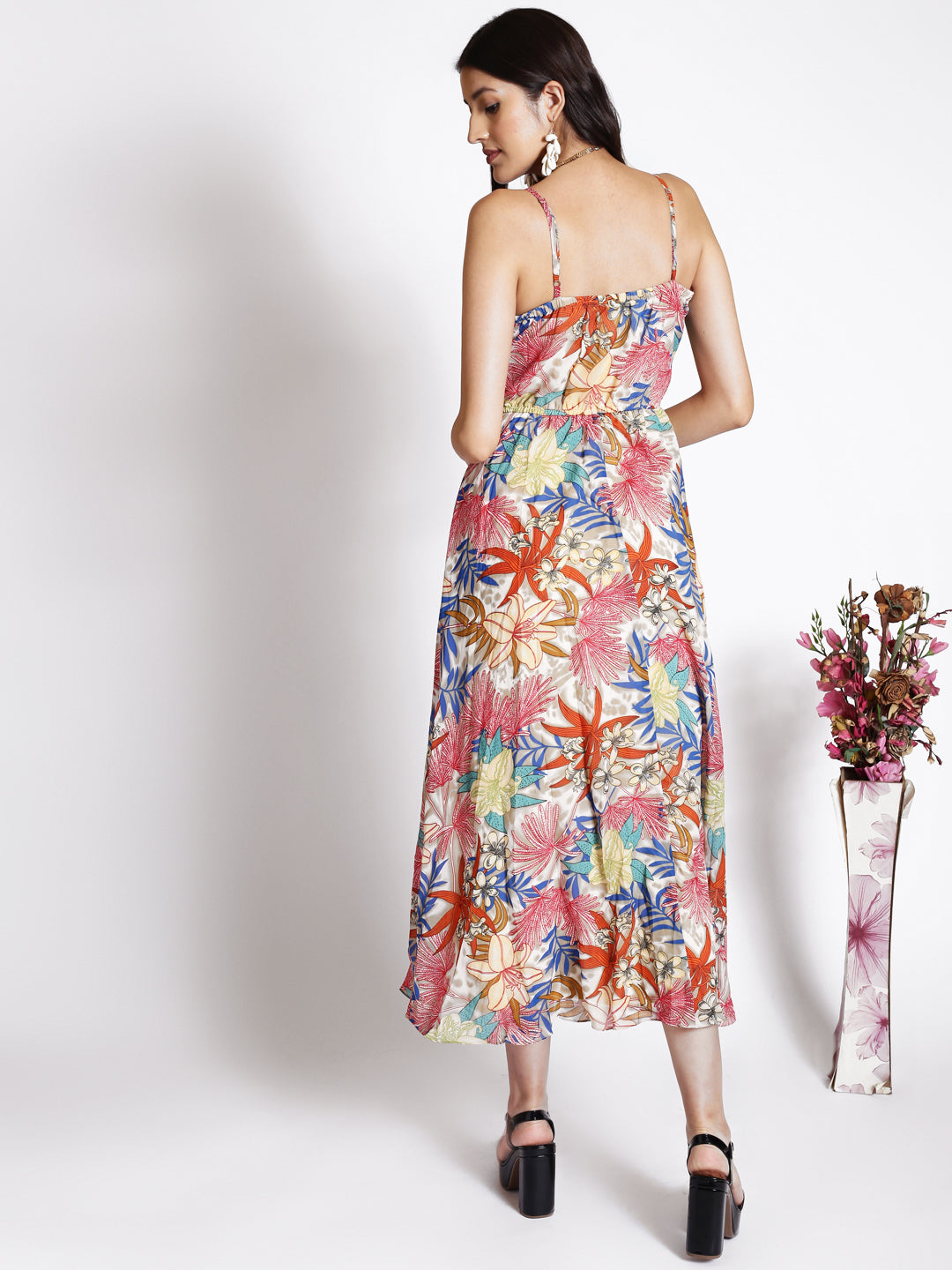 Floral Printed Shoulder Straps Gathered Maxi Dress