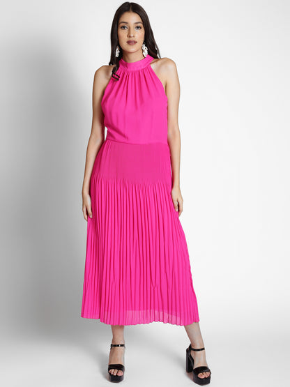 Halter Neck Georgette Pleated A-line Maxi Dress