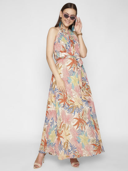 Floral Halter Belted Maxi Dress