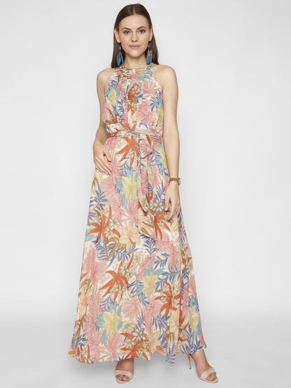 Floral Halter Belted Maxi Dress