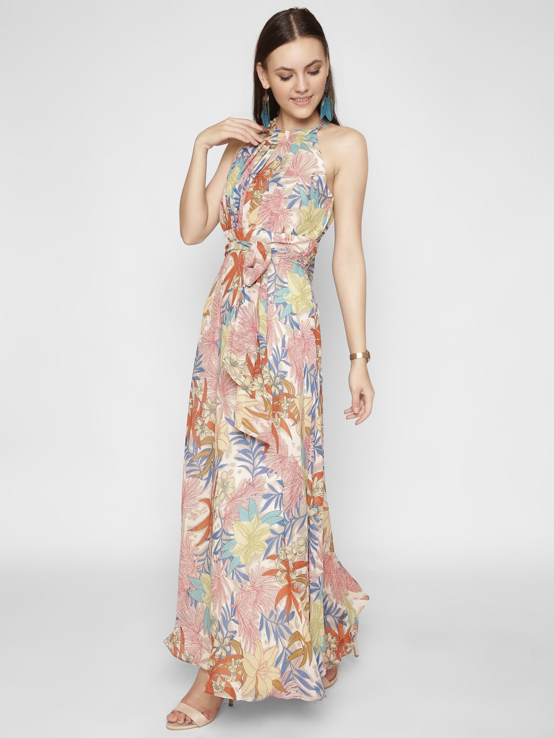 Floral Halter Belted Maxi Dress