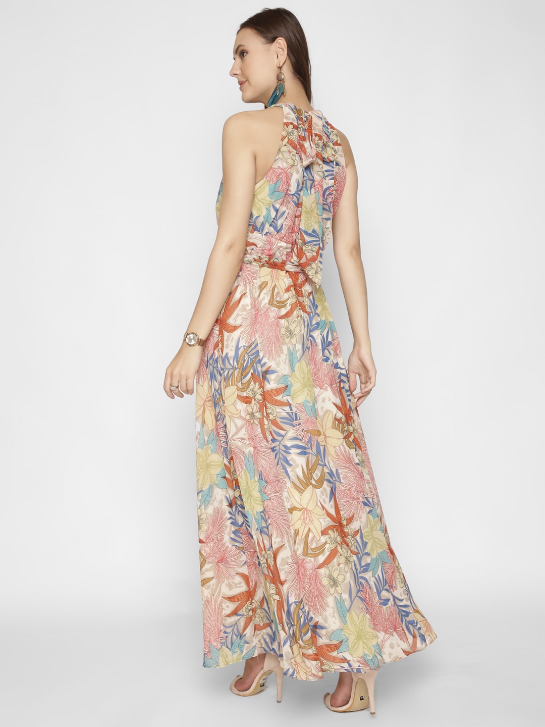 Floral Halter Belted Maxi Dress