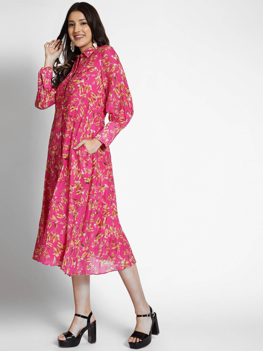 Floral Print Georgette Shirt Midi Dress