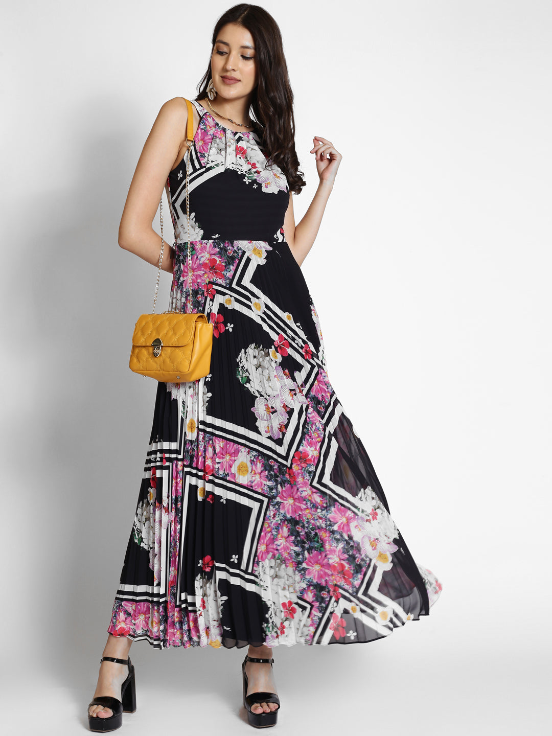 Floral Printed Shoulder Straps Pleated Maxi Dress