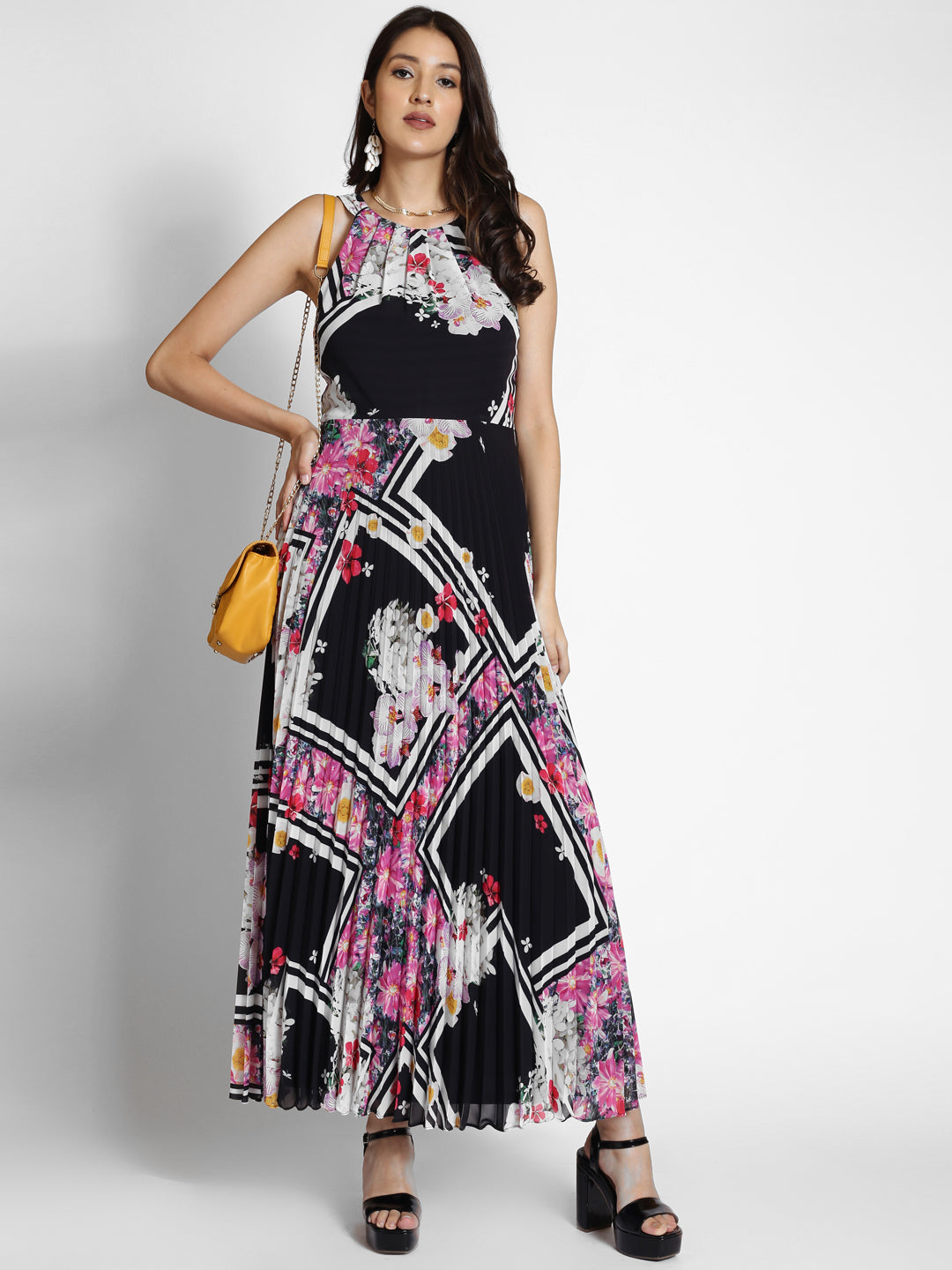 Floral Printed Shoulder Straps Pleated Maxi Dress