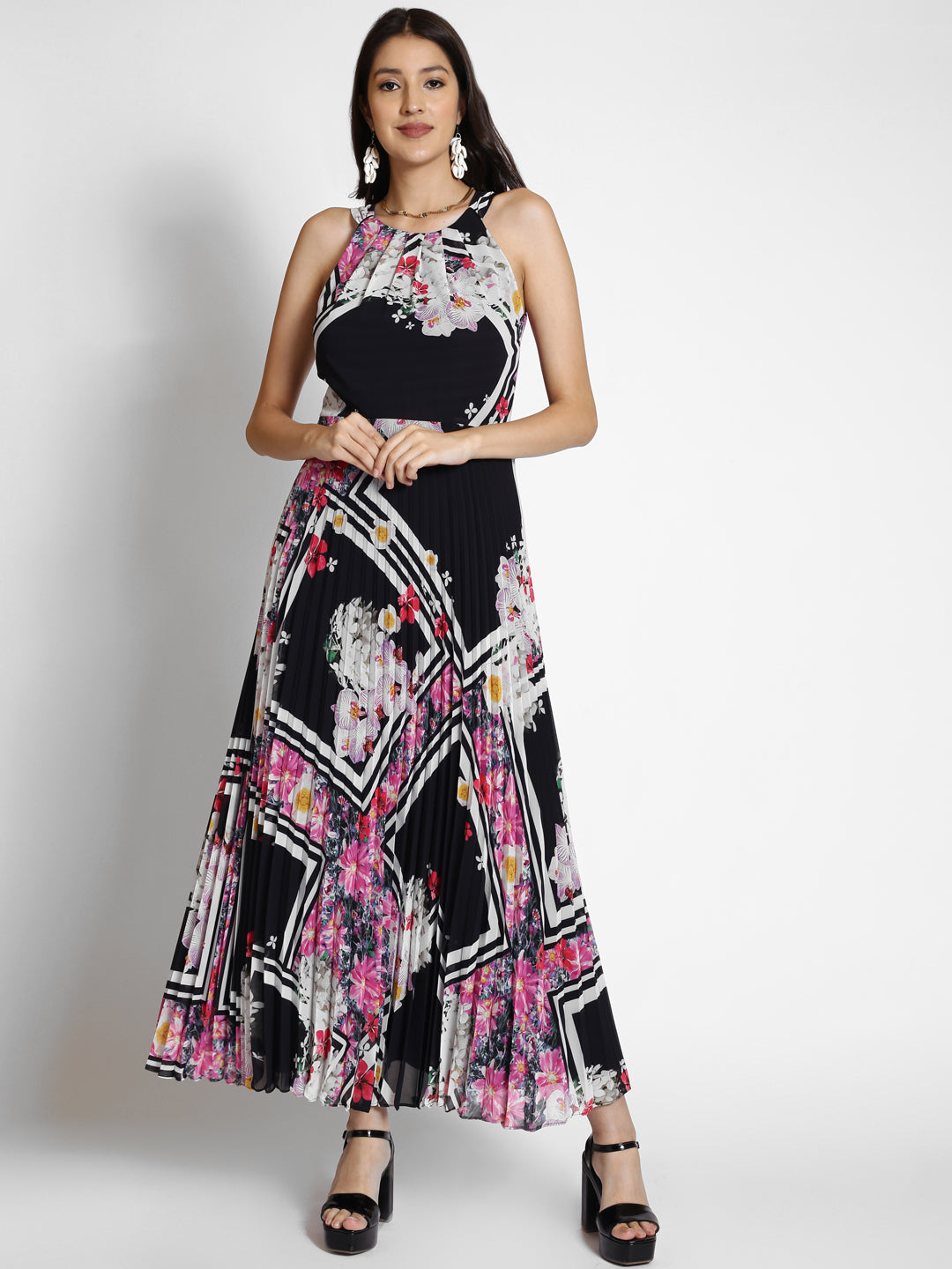 Floral Printed Shoulder Straps Pleated Maxi Dress