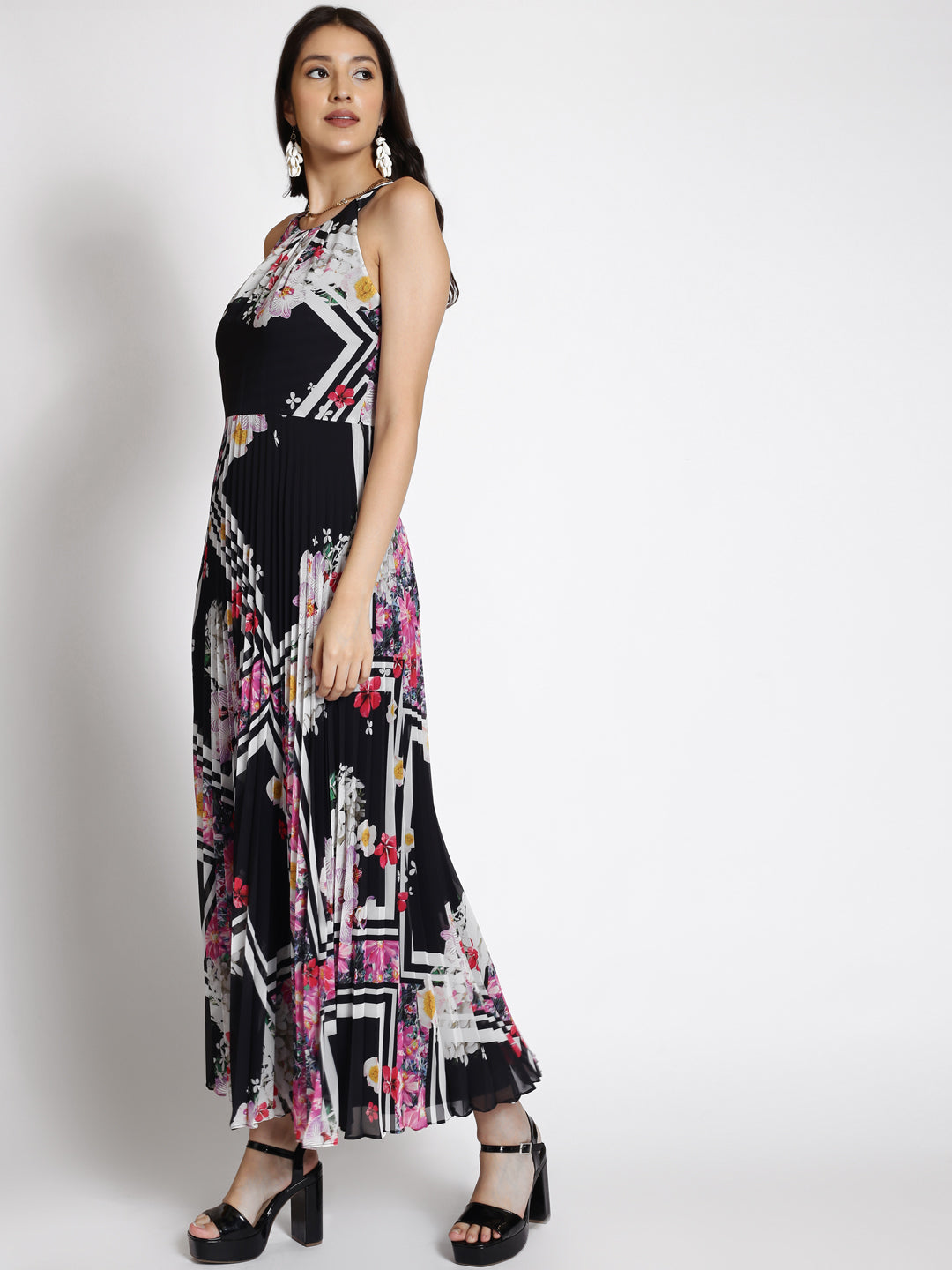 Floral Printed Shoulder Straps Pleated Maxi Dress